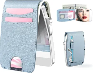 Wallet Women RFID Blocking Wallet with ID Windows, Pop-up Case, Cash Slot, Credit Card Minimalist Wallet with Mirror and Coin Pocket(Blue)