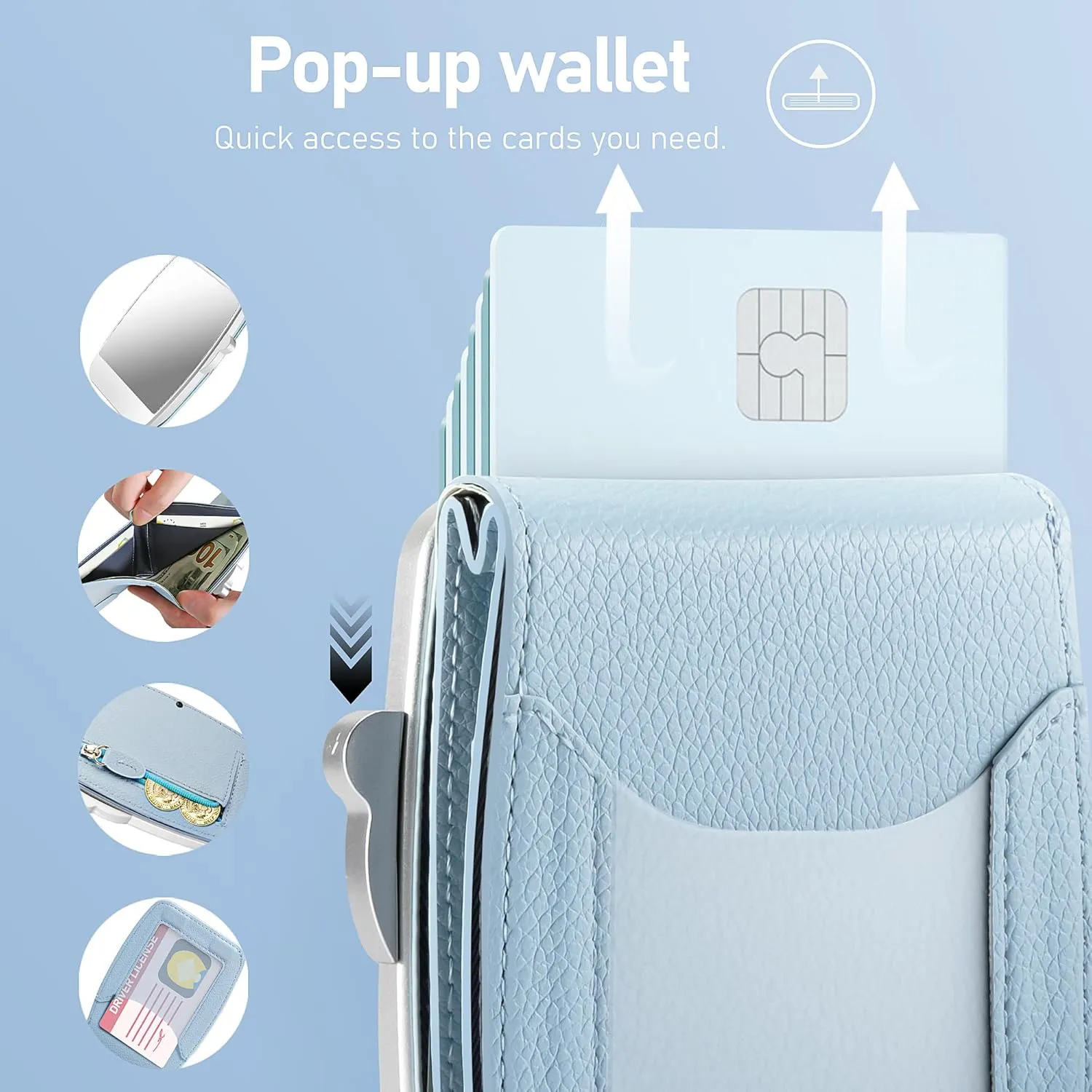 Wallet Women RFID Blocking Wallet with ID Windows, Pop-up Case, Cash Slot, Credit Card Minimalist Wallet with Mirror and Coin Pocket(Blue)