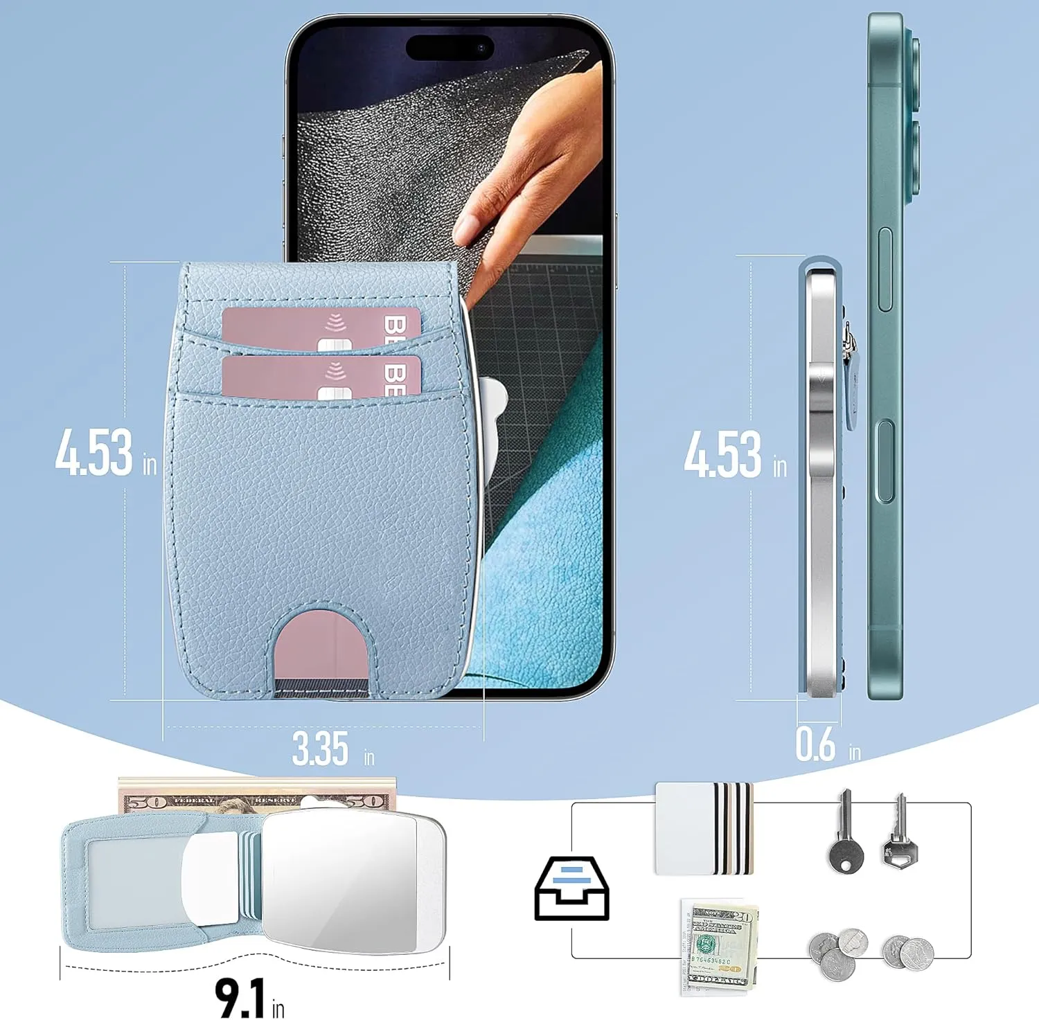 Wallet Women RFID Blocking Wallet with ID Windows, Pop-up Case, Cash Slot, Credit Card Minimalist Wallet with Mirror and Coin Pocket(Blue)