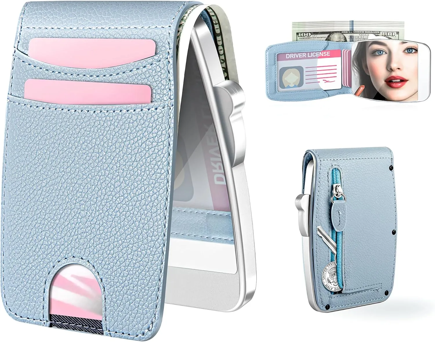 Wallet Women RFID Blocking Wallet with ID Windows, Pop-up Case, Cash Slot, Credit Card Minimalist Wallet with Mirror and Coin Pocket(Blue)