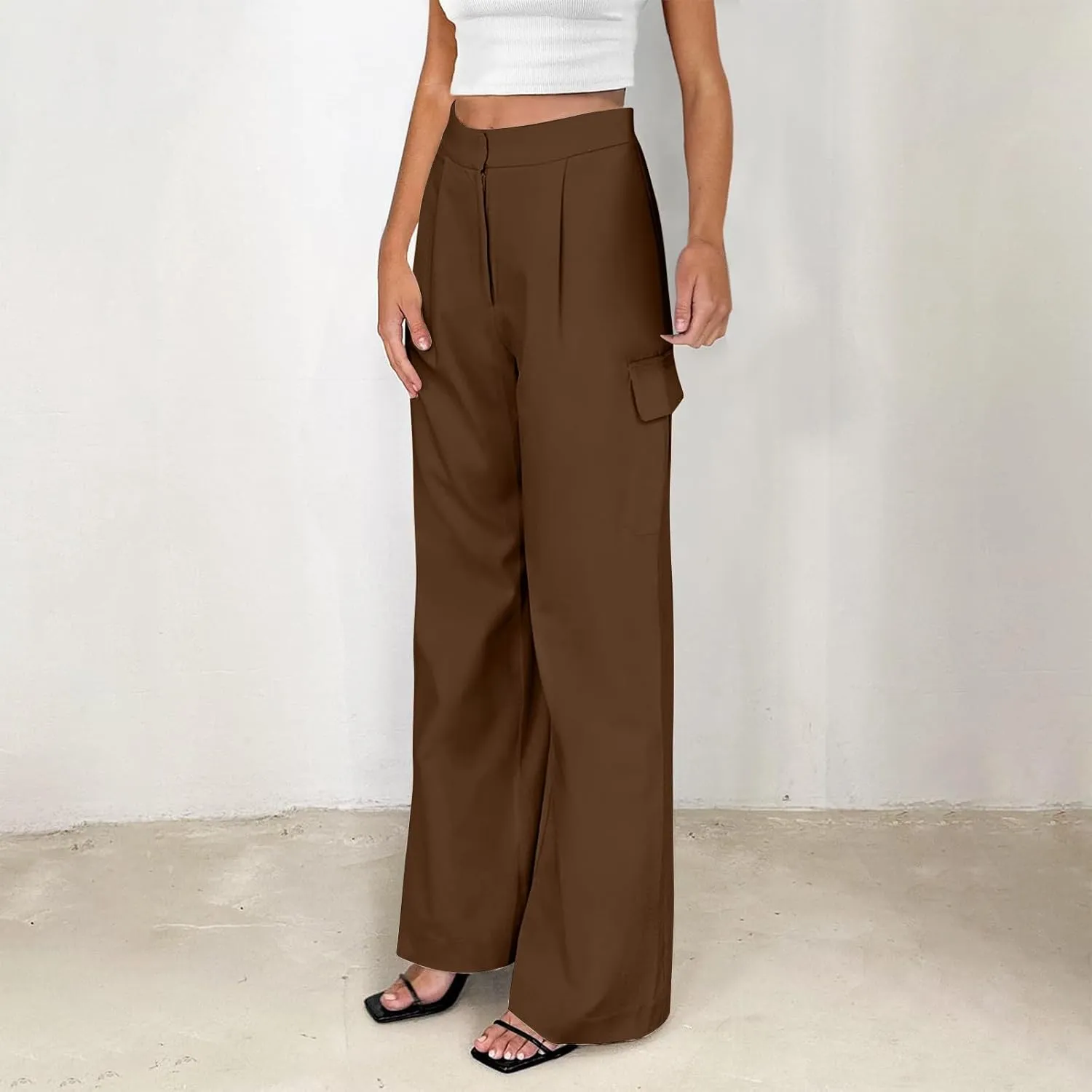 Wide Leg Cargo Pants for Women High Waist Straight Trousers Lightweight Business Casual Dress Pants with Pockets
