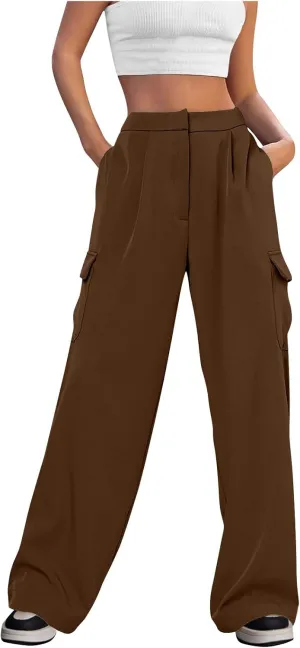 Wide Leg Cargo Pants for Women High Waist Straight Trousers Lightweight Business Casual Dress Pants with Pockets