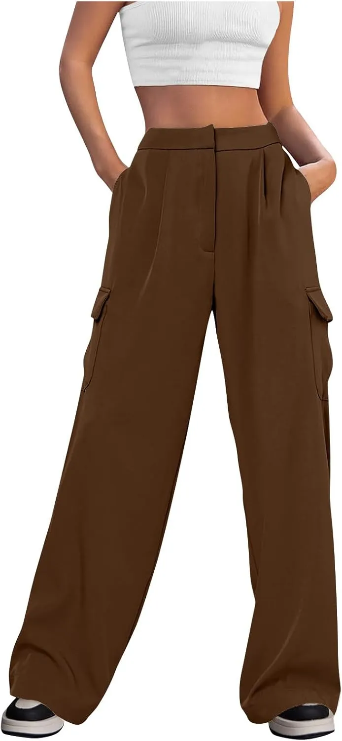 Wide Leg Cargo Pants for Women High Waist Straight Trousers Lightweight Business Casual Dress Pants with Pockets