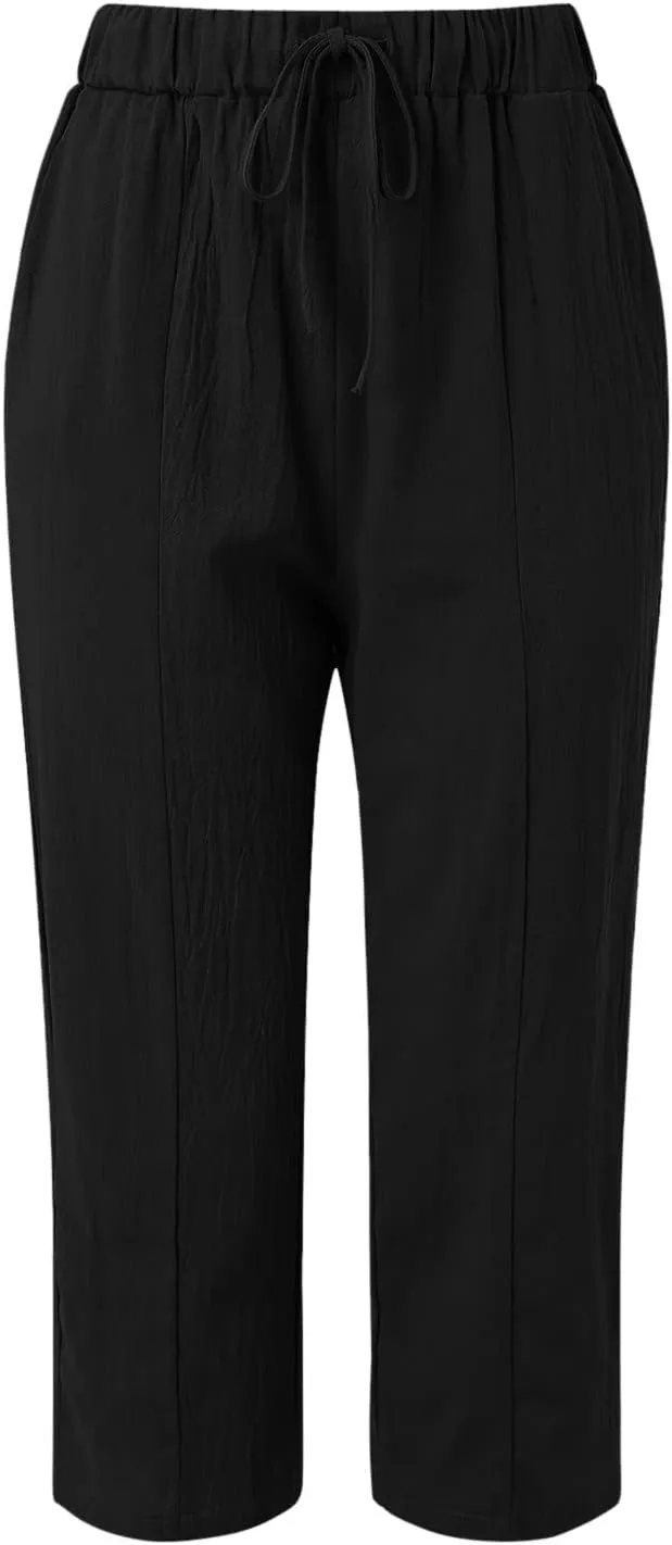 Wide Leg Cropped Pants Womens Lightweight Baggy Linen Straight Leg Trousers Casual Flowy Loose Linen Pants with Pockets