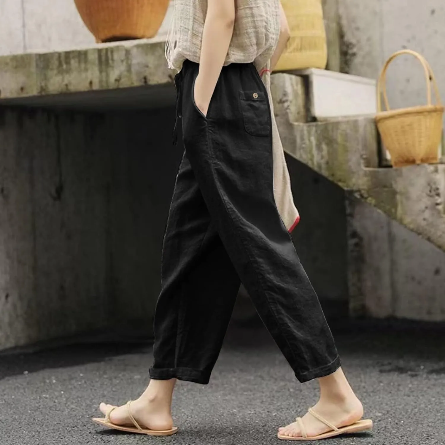Wide Leg Cropped Pants Womens Lightweight Baggy Linen Straight Leg Trousers Casual Flowy Loose Linen Pants with Pockets