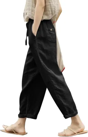Wide Leg Cropped Pants Womens Lightweight Baggy Linen Straight Leg Trousers Casual Flowy Loose Linen Pants with Pockets