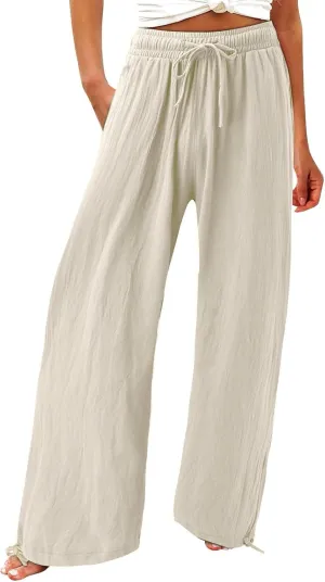 Wide Leg Linen Pants for Women Casual High Waisted Palazzo Pants Lightweight Summer Flowy Beach Trousers with Pockets