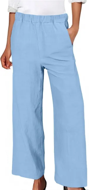Wide Leg Linen Pants for Women Casual Summer Elastic High Waisted Palazzo Pants Flowy Cropped Trousers with Pockets