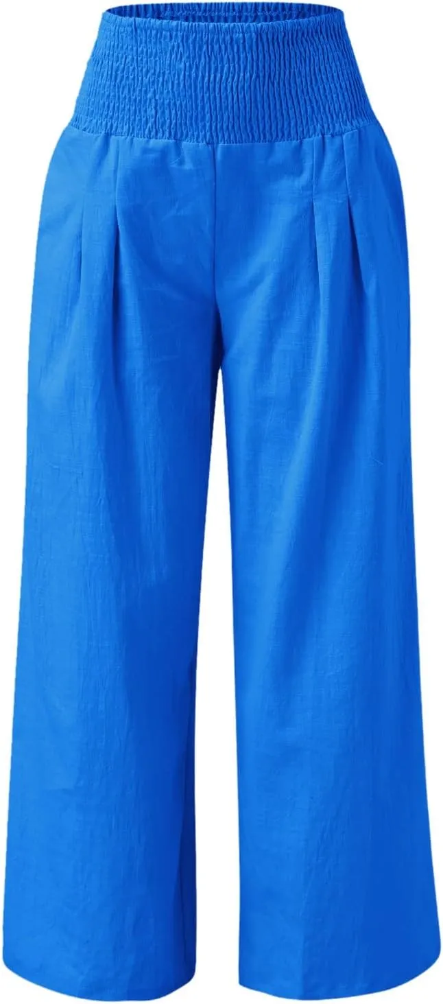 Wide Leg Linen Pants for Women Elastic High Waisted Palazzo Pants Casual Beach Trousers with Pockets Summer Pants