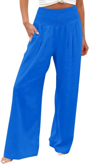 Wide Leg Linen Pants for Women Elastic High Waisted Palazzo Pants Casual Beach Trousers with Pockets Summer Pants