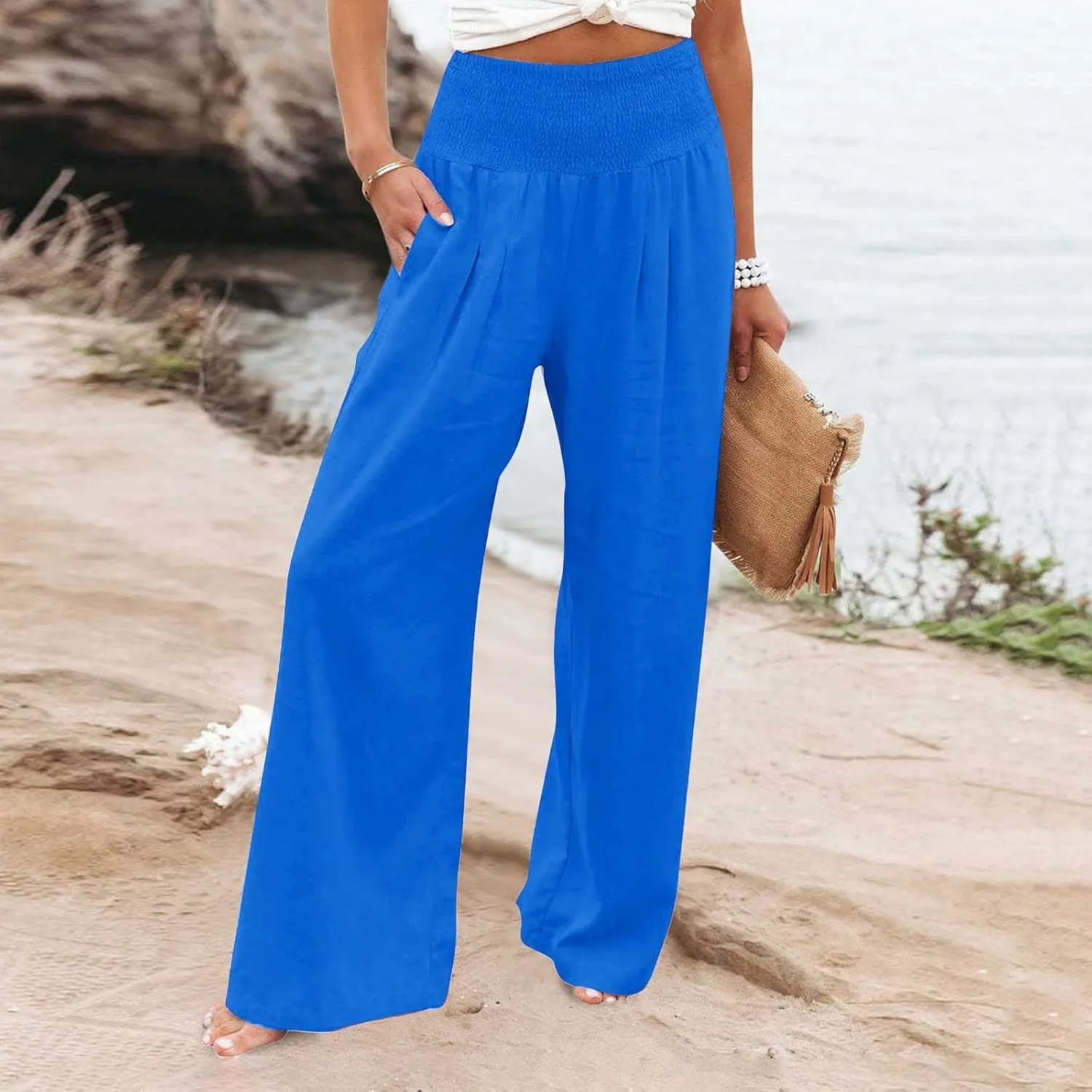 Wide Leg Linen Pants for Women Elastic High Waisted Palazzo Pants Casual Beach Trousers with Pockets Summer Pants