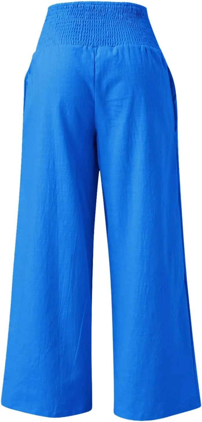 Wide Leg Linen Pants for Women Elastic High Waisted Palazzo Pants Casual Beach Trousers with Pockets Summer Pants