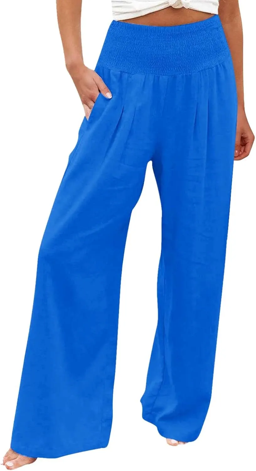 Wide Leg Linen Pants for Women Elastic High Waisted Palazzo Pants Casual Beach Trousers with Pockets Summer Pants