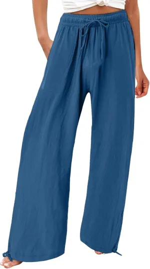 Wide Leg Linen Pants for Women Summer Palazzo Flowy Pants Casual Loose High Waist Beach Trousers with Pockets
