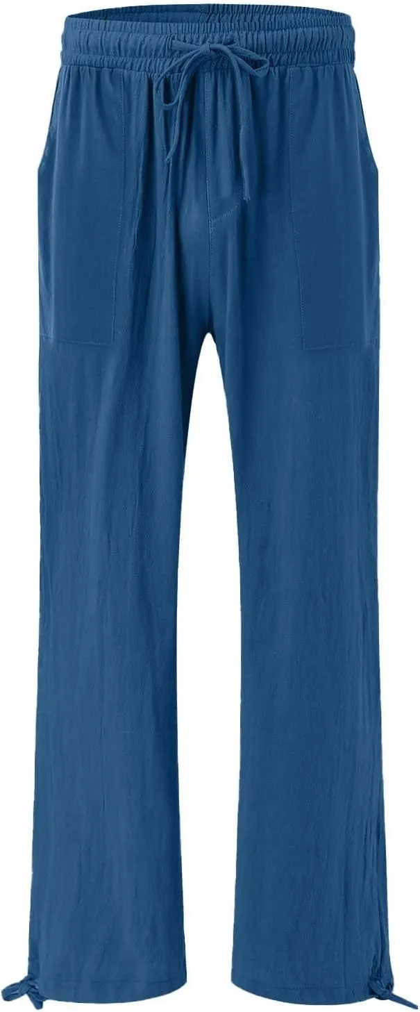 Wide Leg Linen Pants for Women Summer Palazzo Flowy Pants Casual Loose High Waist Beach Trousers with Pockets