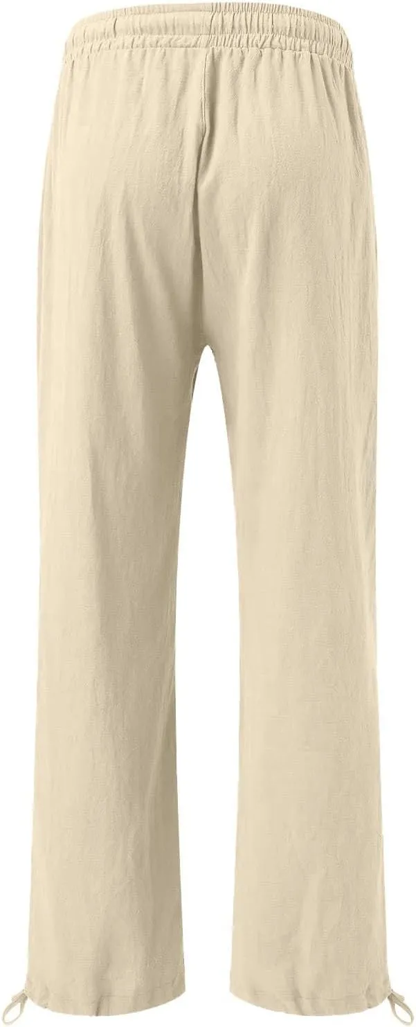 Wide Leg Linen Pants for Women Summer Palazzo Flowy Pants Casual Loose High Waist Beach Trousers with Pockets