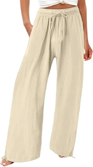 Wide Leg Linen Pants for Women Summer Palazzo Flowy Pants Casual Loose High Waist Beach Trousers with Pockets