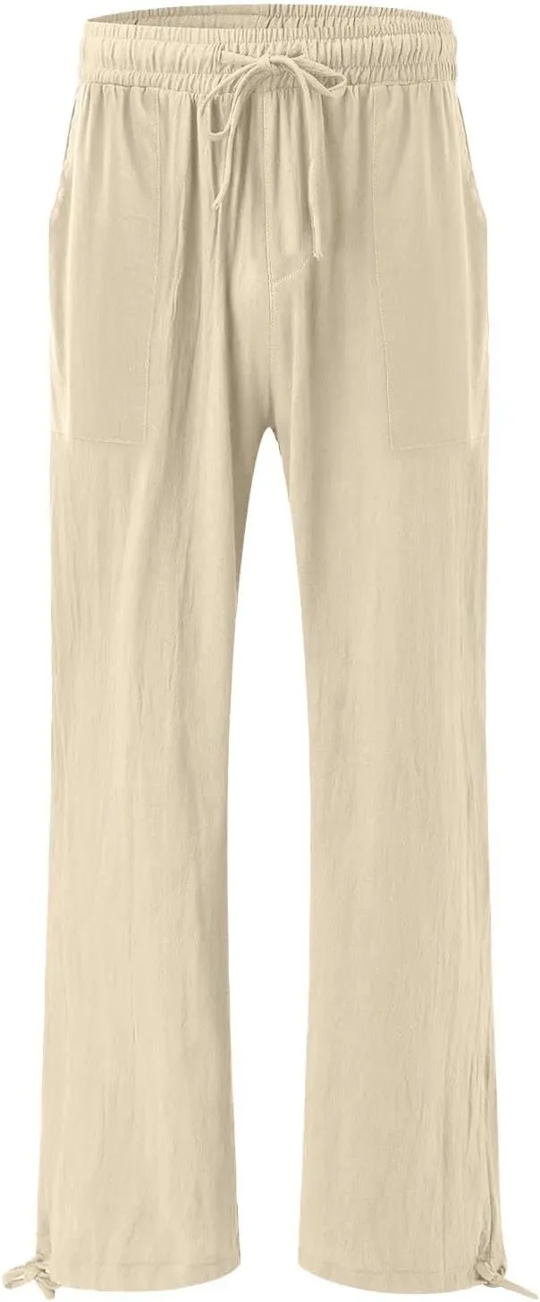 Wide Leg Linen Pants for Women Summer Palazzo Flowy Pants Casual Loose High Waist Beach Trousers with Pockets