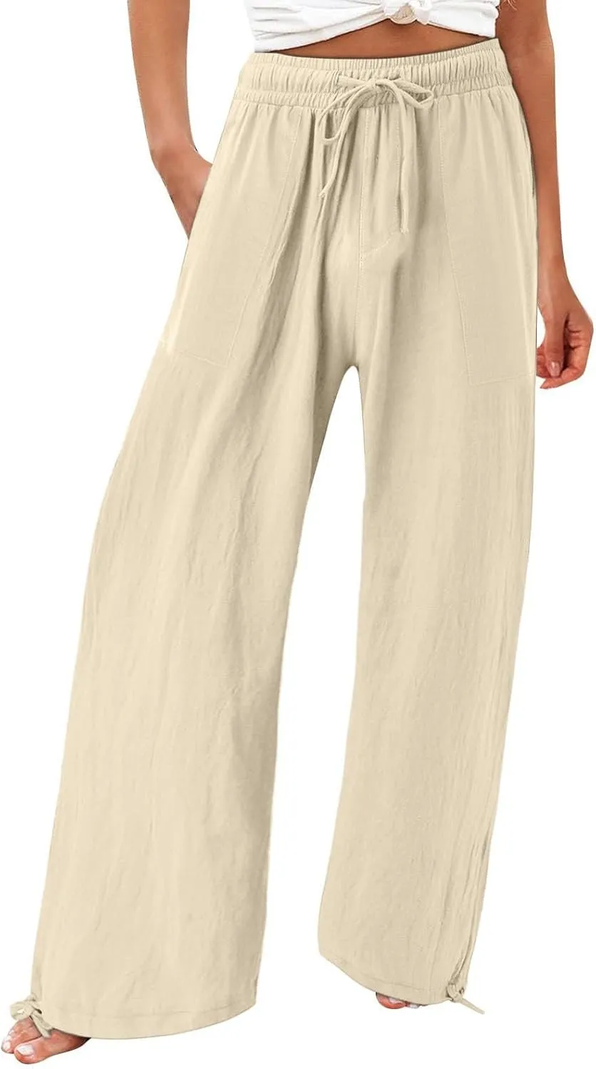 Wide Leg Linen Pants for Women Summer Palazzo Flowy Pants Casual Loose High Waist Beach Trousers with Pockets