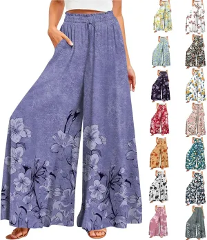 Wide Leg Pants Woman Summer Boho Palazzo Pants Drawstring Elastic High Waist Floral Print Pocket Beach Lounge Pants