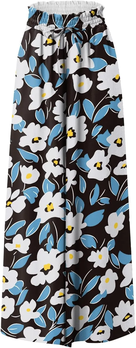 Wide Leg Pants Woman Summer Boho Palazzo Pants Drawstring Elastic High Waist Floral Print Pocket Beach Lounge Pants