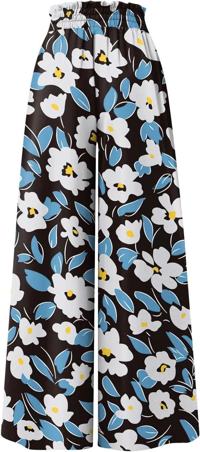 Wide Leg Pants Woman Summer Boho Palazzo Pants Drawstring Elastic High Waist Floral Print Pocket Beach Lounge Pants