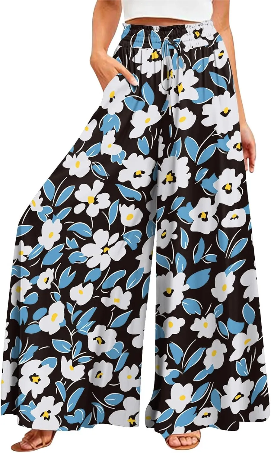 Wide Leg Pants Woman Summer Boho Palazzo Pants Drawstring Elastic High Waist Floral Print Pocket Beach Lounge Pants