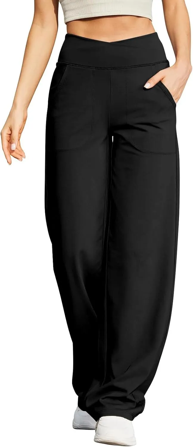 Wide Leg Yoga Pants for Women Crossover High Waisted Athletic Pants with Pockets Casual Comfy Lounge Pants