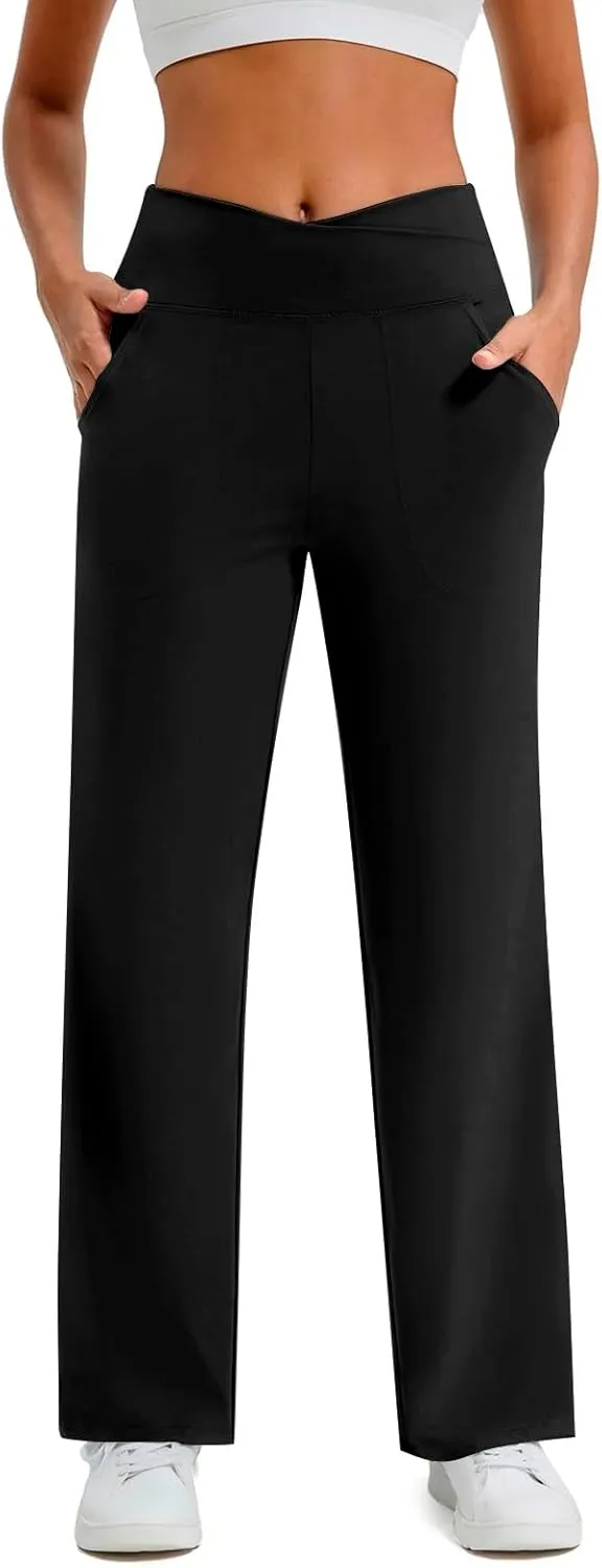 Wide Leg Yoga Pants for Women Crossover High Waisted Athletic Pants with Pockets Casual Comfy Lounge Pants
