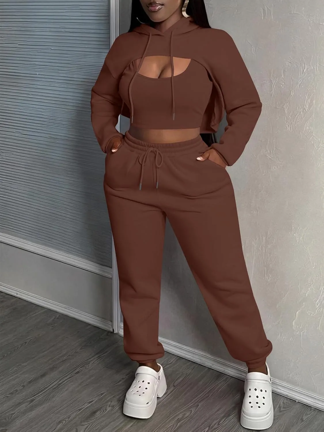 Women 3 Piece Sweatsuit Set Sexy Long Sleeve Pullover Cropped Hoodie Tank Top and Jogger Sweatpants Tracksuit