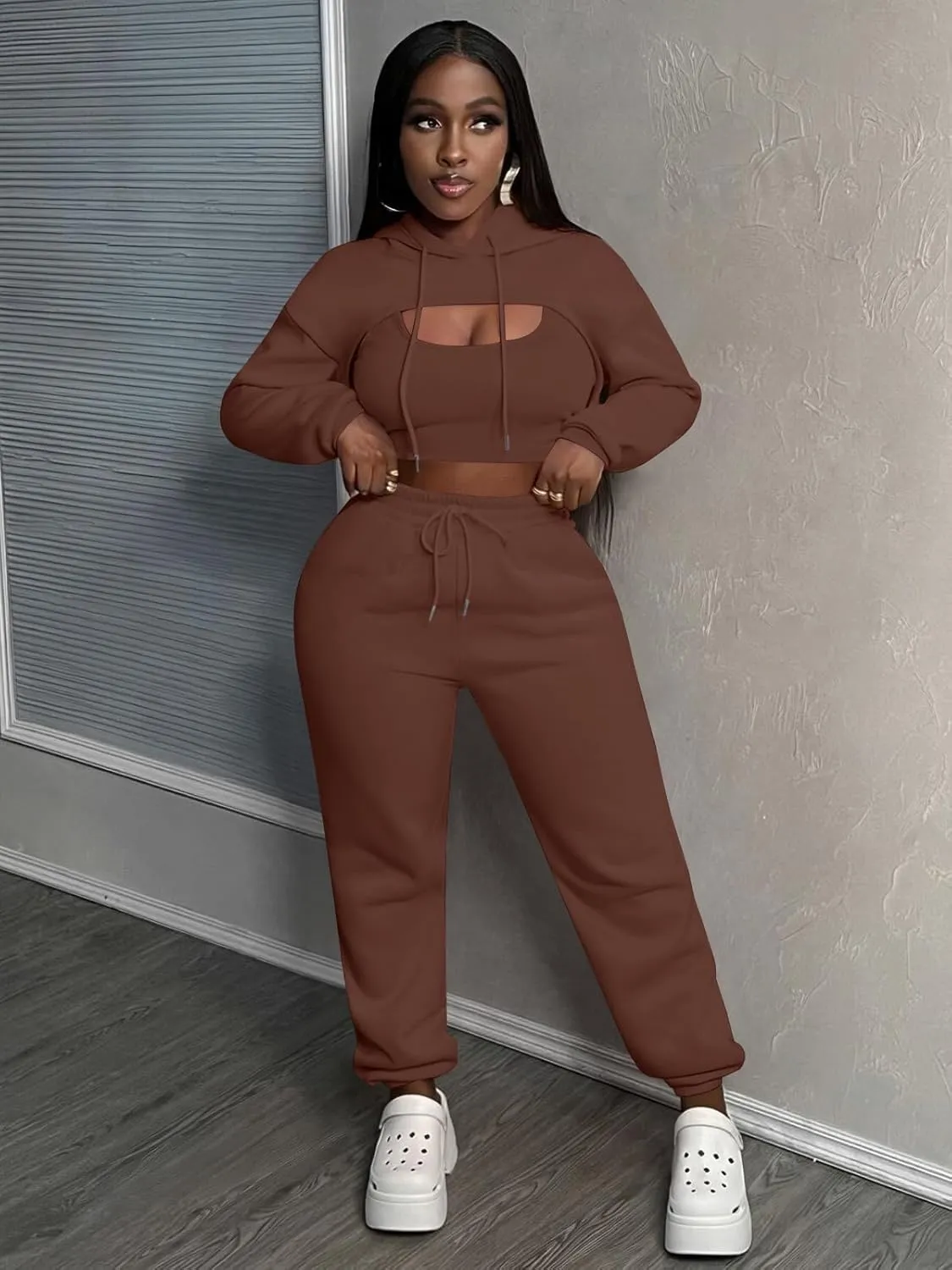 Women 3 Piece Sweatsuit Set Sexy Long Sleeve Pullover Cropped Hoodie Tank Top and Jogger Sweatpants Tracksuit