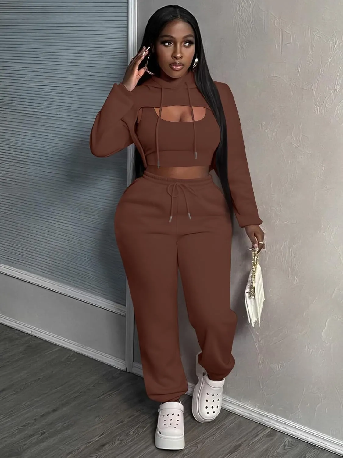 Women 3 Piece Sweatsuit Set Sexy Long Sleeve Pullover Cropped Hoodie Tank Top and Jogger Sweatpants Tracksuit