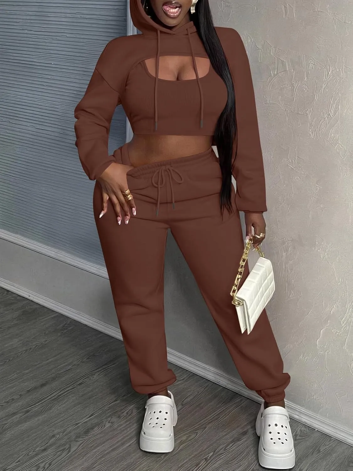 Women 3 Piece Sweatsuit Set Sexy Long Sleeve Pullover Cropped Hoodie Tank Top and Jogger Sweatpants Tracksuit