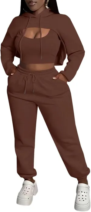 Women 3 Piece Sweatsuit Set Sexy Long Sleeve Pullover Cropped Hoodie Tank Top and Jogger Sweatpants Tracksuit