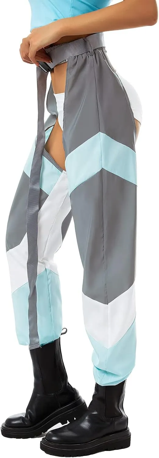 Women Buckle Bottomless Pants Sexy High Waist Chaps Hollow Out Cargo Crotch Pants See Through Rave Leggings Harem Trousers