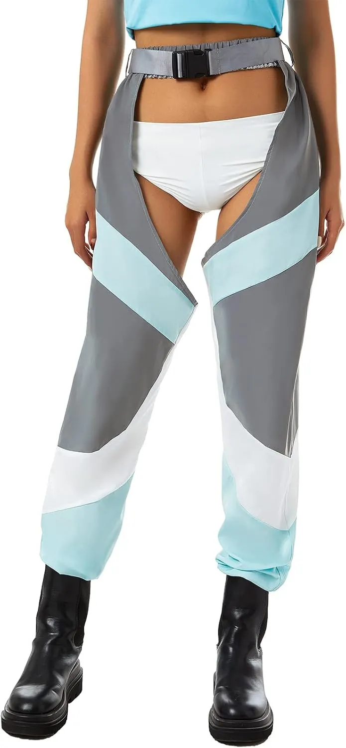 Women Buckle Bottomless Pants Sexy High Waist Chaps Hollow Out Cargo Crotch Pants See Through Rave Leggings Harem Trousers