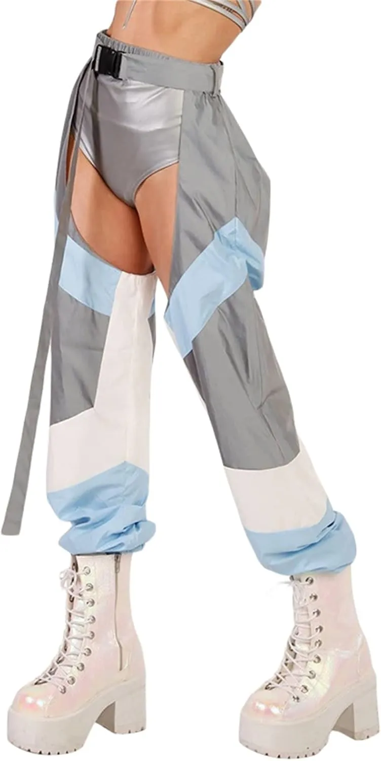 Women Buckle Bottomless Pants Sexy High Waist Chaps Hollow Out Cargo Crotch Pants See Through Rave Leggings Harem Trousers