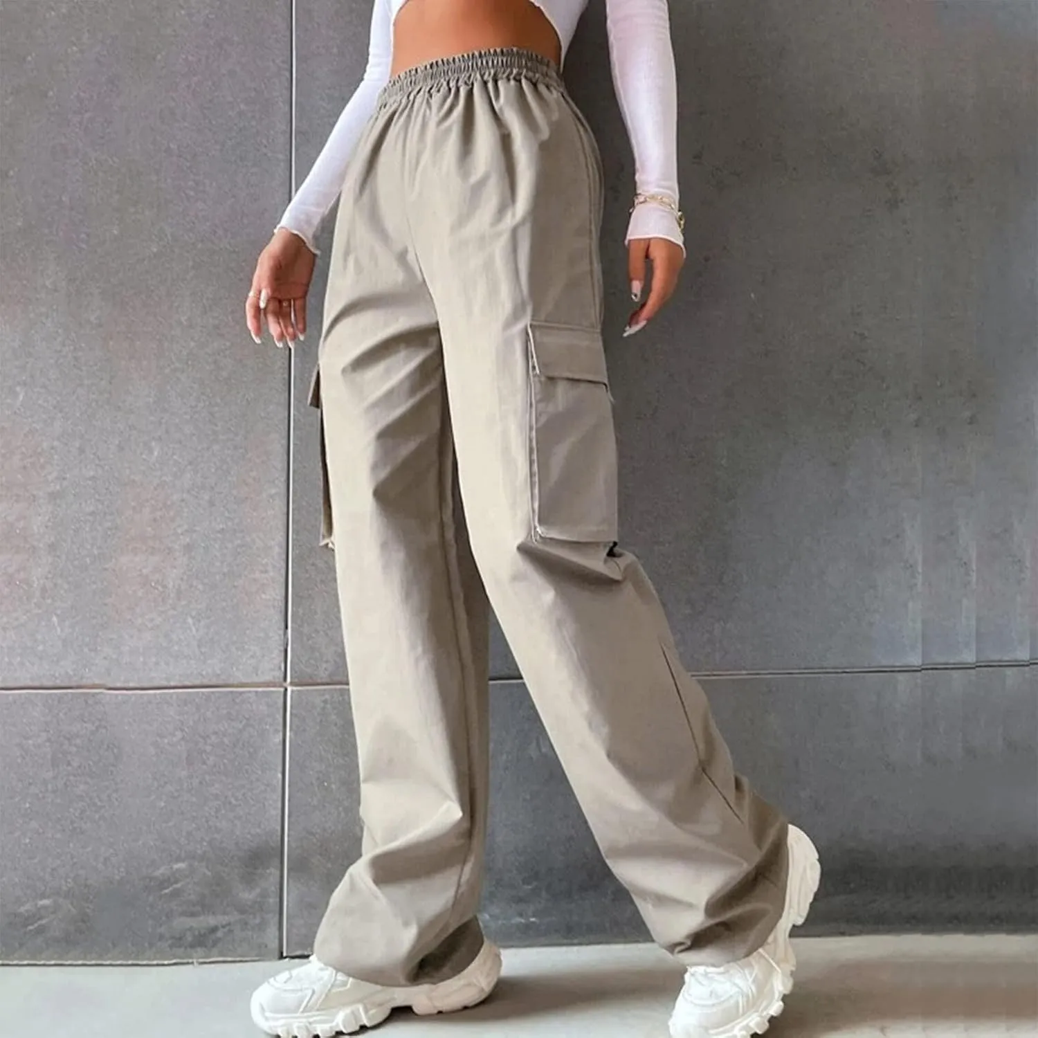 Women Cargo Pants with Pockets Elastic High Waist Casual Work Pants Dressy Straight Wide Leg Trousers 2025 Trendy