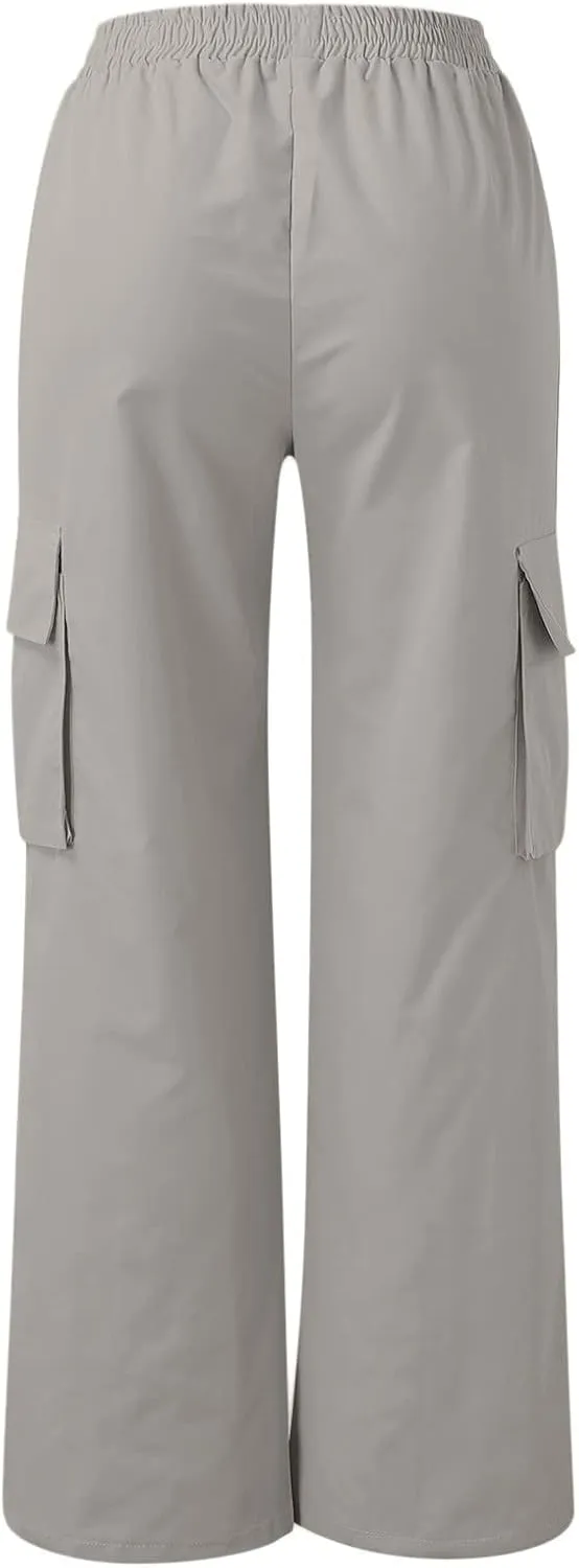 Women Cargo Pants with Pockets Elastic High Waist Casual Work Pants Dressy Straight Wide Leg Trousers 2025 Trendy