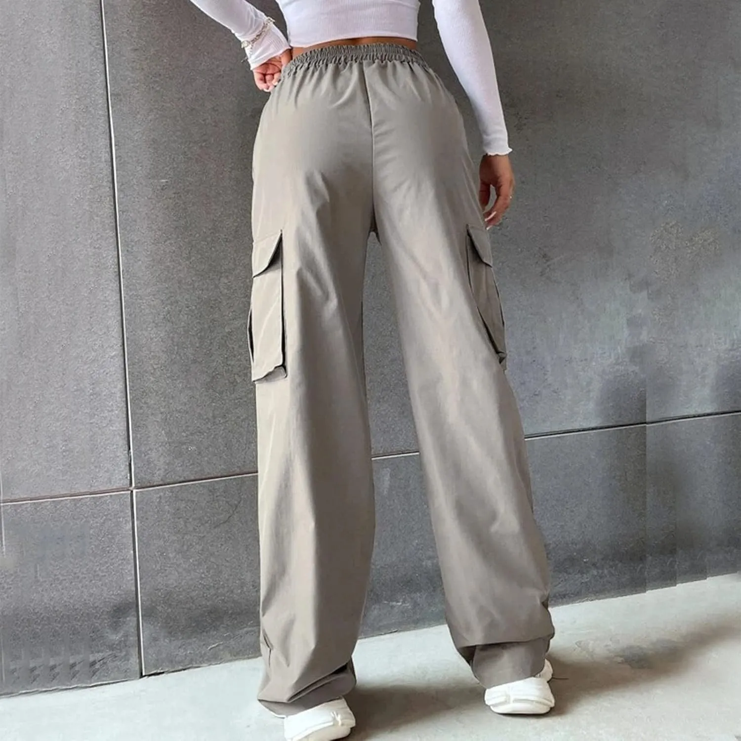 Women Cargo Pants with Pockets Elastic High Waist Casual Work Pants Dressy Straight Wide Leg Trousers 2025 Trendy