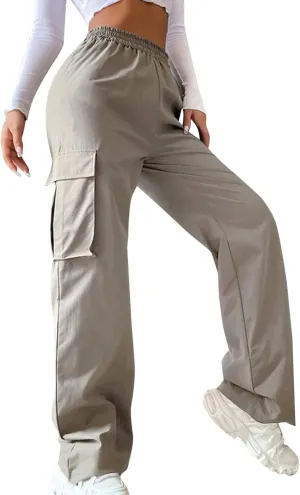 Women Cargo Pants with Pockets Elastic High Waist Casual Work Pants Dressy Straight Wide Leg Trousers 2025 Trendy