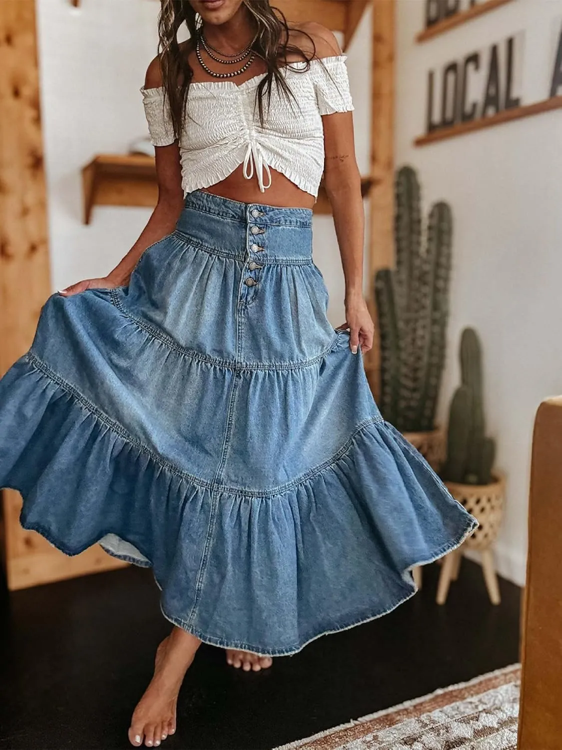 Women Casual High Waisted Denim Maxi Skirts Vintage Tiered Flowy Pleated A Line Jean Long Skirts