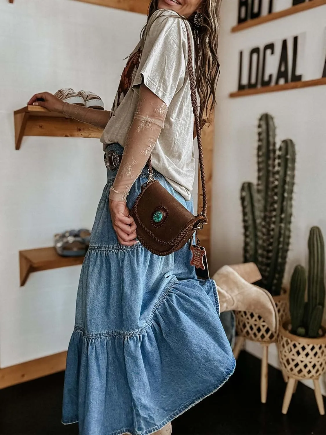 Women Casual High Waisted Denim Maxi Skirts Vintage Tiered Flowy Pleated A Line Jean Long Skirts