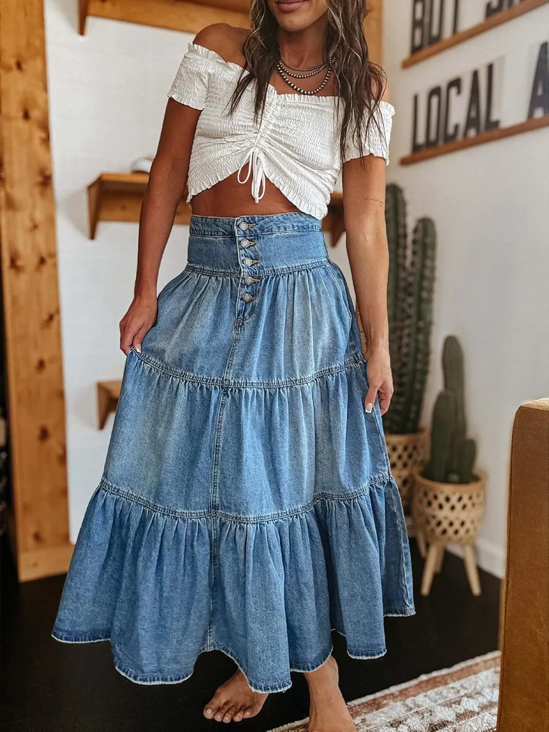 Women Casual High Waisted Denim Maxi Skirts Vintage Tiered Flowy Pleated A Line Jean Long Skirts