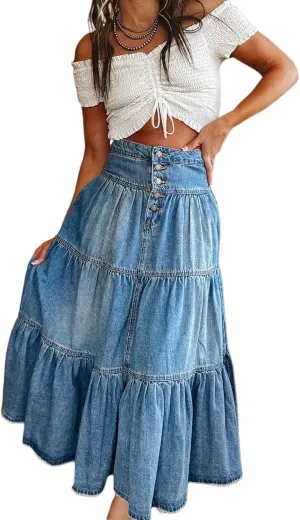Women Casual High Waisted Denim Maxi Skirts Vintage Tiered Flowy Pleated A Line Jean Long Skirts