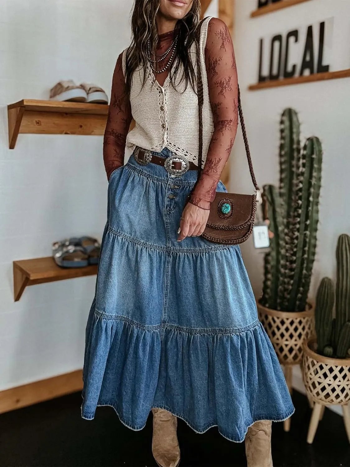 Women Casual High Waisted Denim Maxi Skirts Vintage Tiered Flowy Pleated A Line Jean Long Skirts