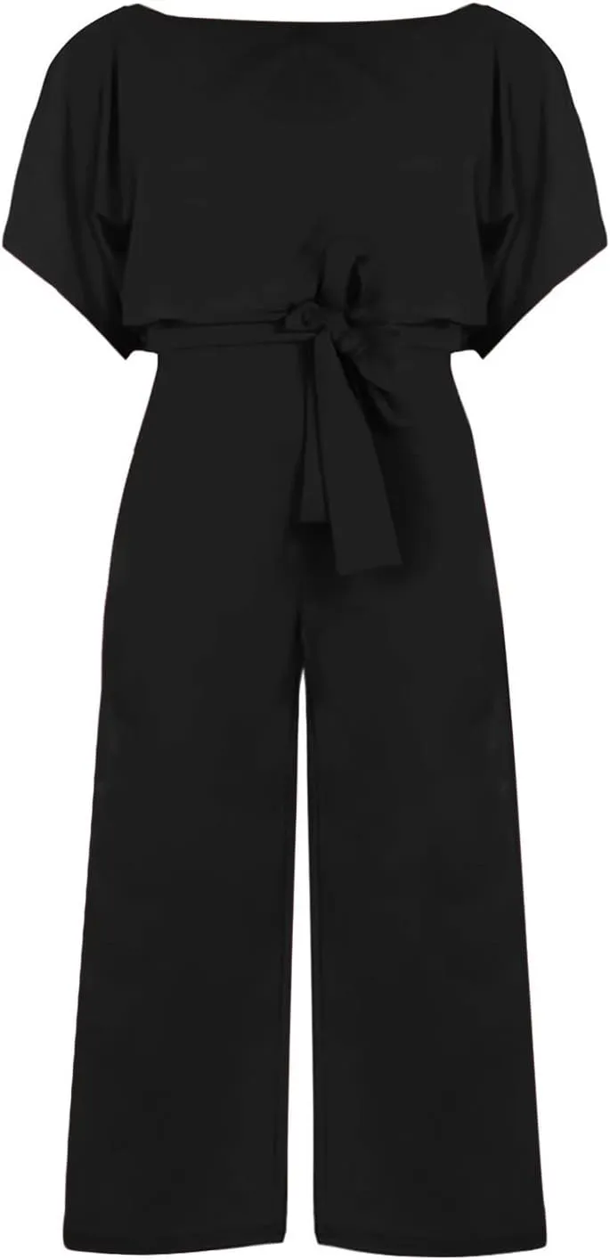 Women Casual Loose Short Sleeve Belted Wide Leg Pant Romper Jumpsuits Summer Solid Color Capri Pants High Waist