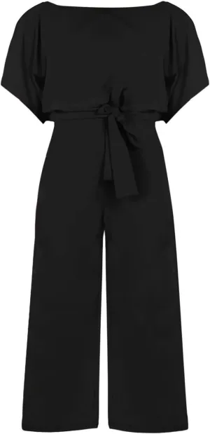 Women Casual Loose Short Sleeve Belted Wide Leg Pant Romper Jumpsuits Summer Solid Color Capri Pants High Waist