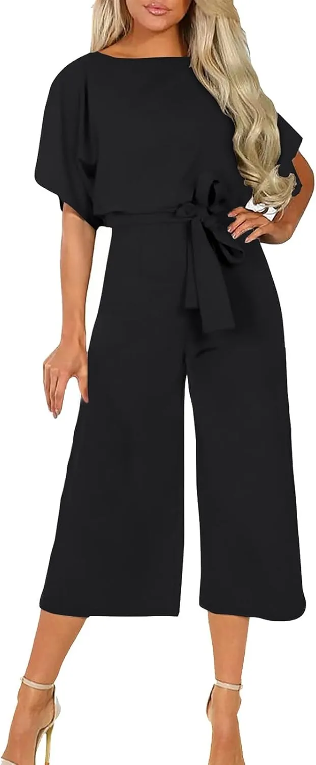 Women Casual Loose Short Sleeve Belted Wide Leg Pant Romper Jumpsuits Summer Solid Color Capri Pants High Waist