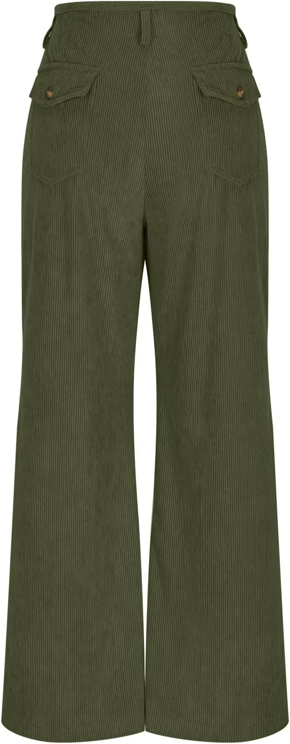 Women Fashion Button Elastic High Waist Trousers Solid Loose Wide Leg Pants Casual Straight Leg Pants with Pocket